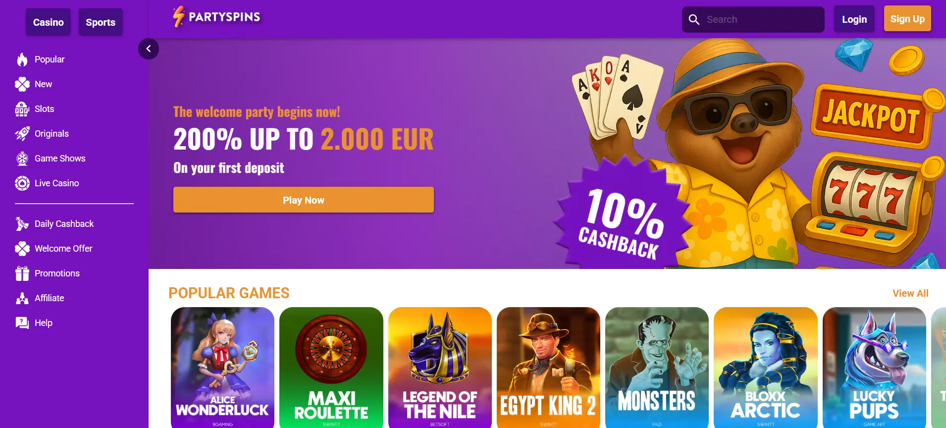 Page d'accueil de PartySpins